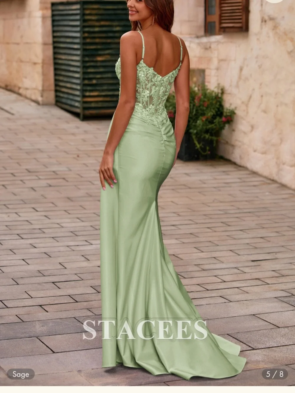 Mermaid V Neck Sheer Beaded Corset Slit Prom Dress with Side Draping Sage NWT 0 - Picture 3 of 9